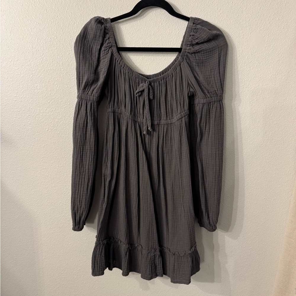 Wild Fable Gray Mini Sundress with Bishop Sleeves